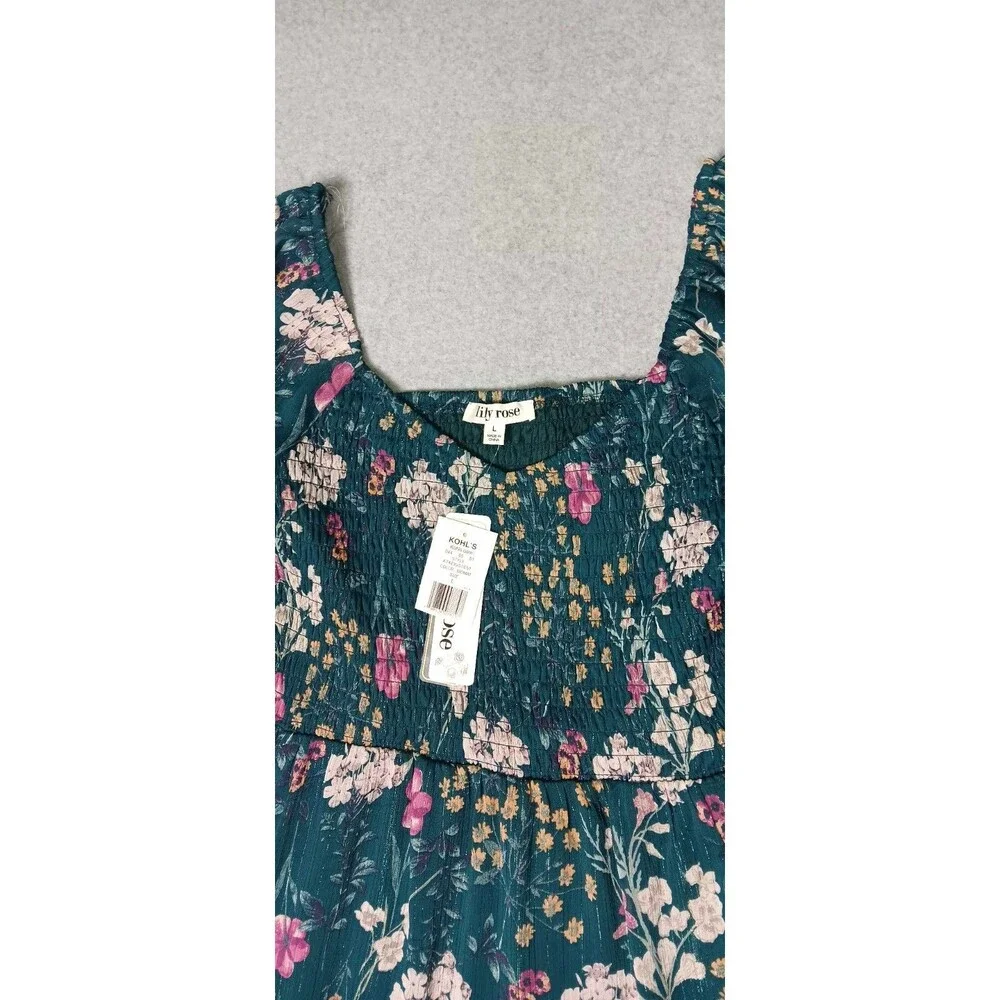 NWT! Lily Rose Smocked Tiered Maxi Dress Juniors Large Jade Blossom Green Puffed